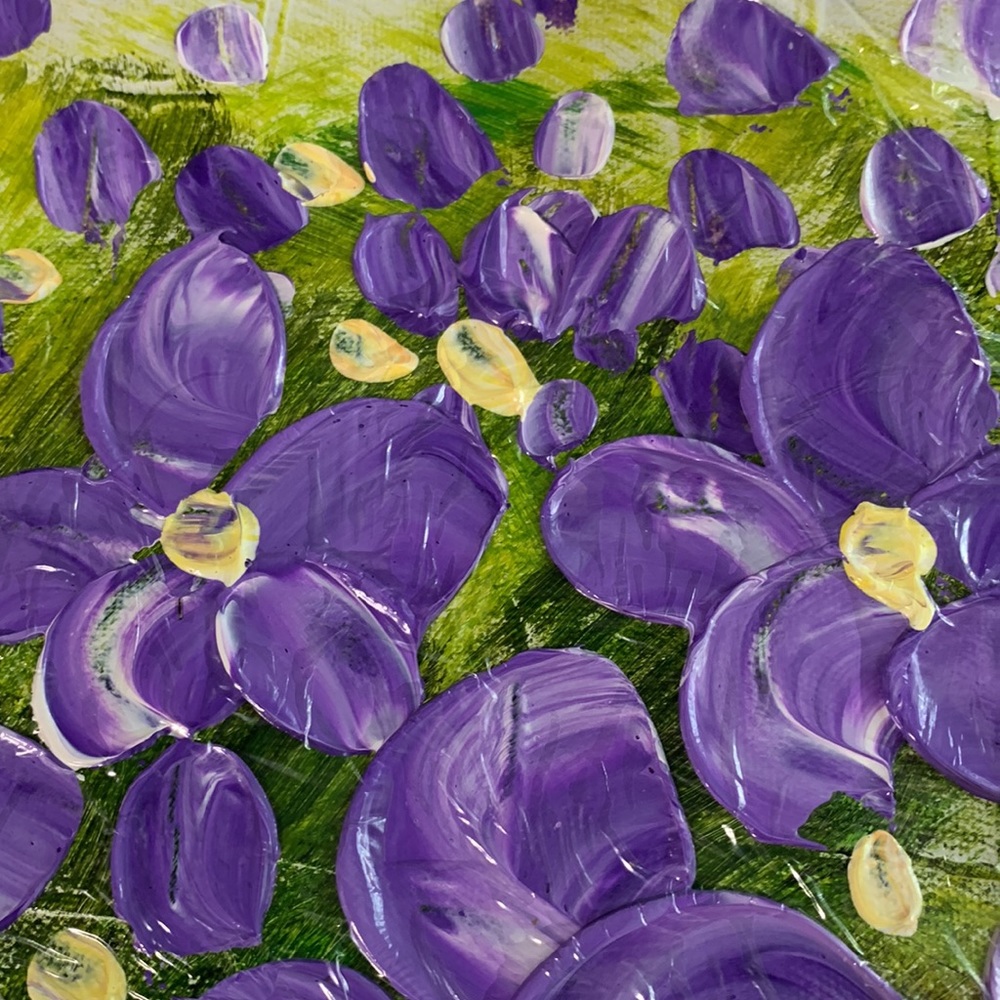 Textured purple floral oil painting. Painting 20.5x20.5 Canvas 23.5x23.5 - Picture 2 of 3